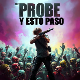 A lone hero surrounded by a horde of colorful, realistic zombies in a tense scene