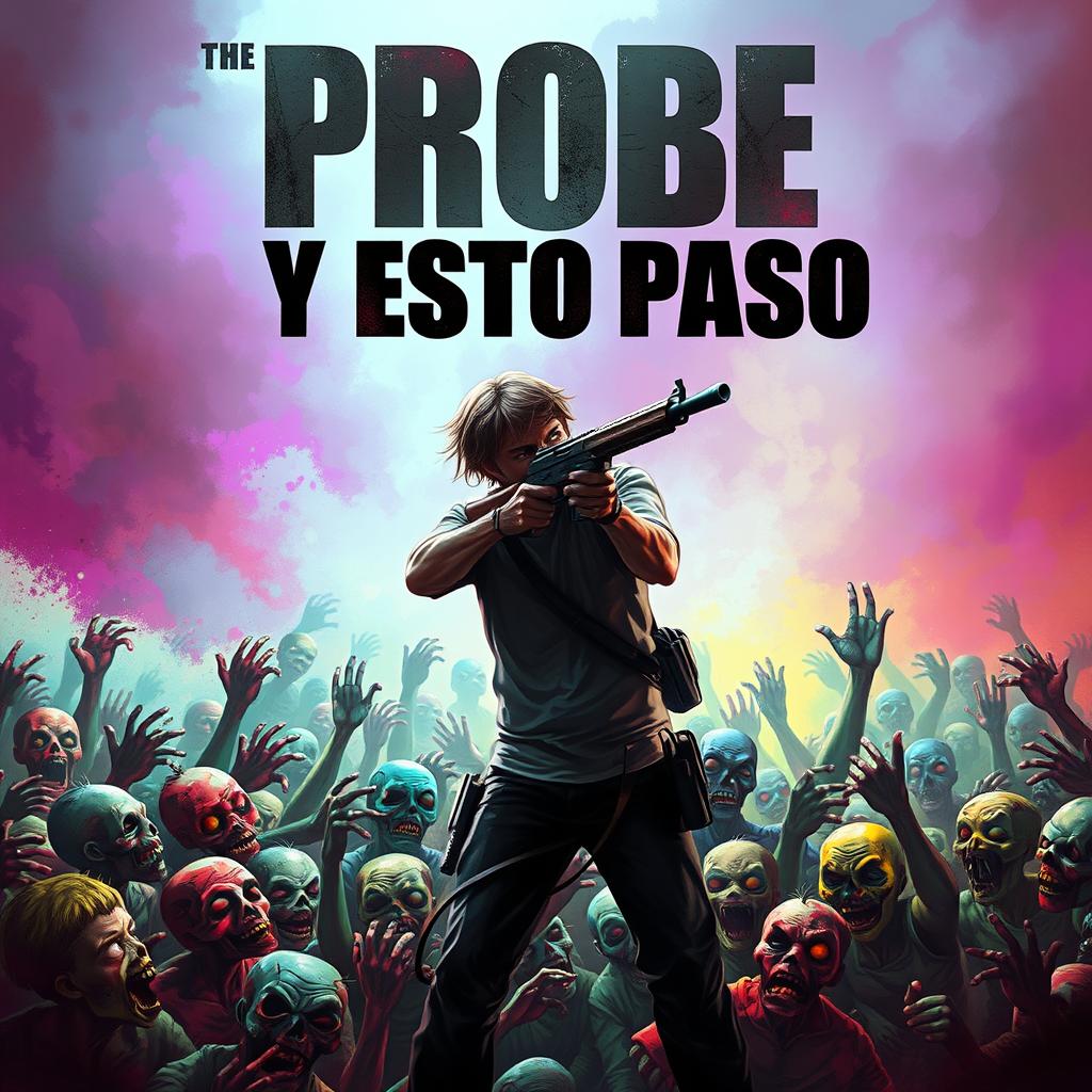 A lone hero surrounded by a horde of colorful, realistic zombies in a tense scene