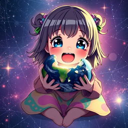 An adorable anime-style giant girl with big sparkling eyes, wearing a colorful outfit that features vibrant patterns and hues
