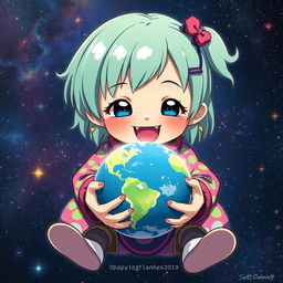 An adorable anime-style giant girl with big sparkling eyes, wearing a colorful outfit that features vibrant patterns and hues