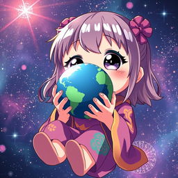 An adorable anime-style giant girl with big sparkling eyes, wearing a colorful outfit that features vibrant patterns and hues