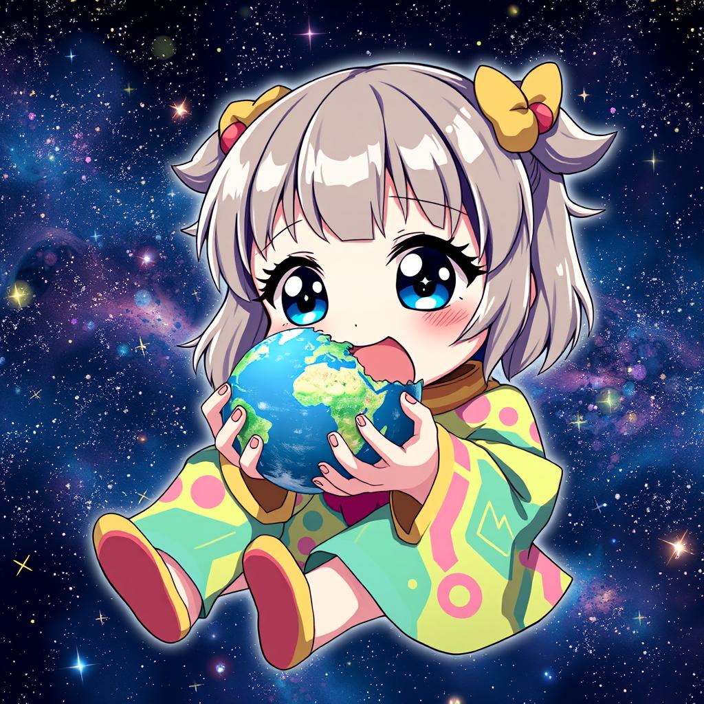 An adorable anime-style giant girl with big sparkling eyes, wearing a colorful outfit that features vibrant patterns and hues