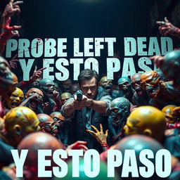 A realistic scene of a person surrounded by colorful zombies, aiming a weapon at them