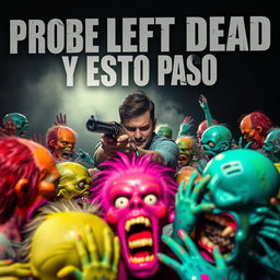A realistic scene of a person surrounded by colorful zombies, aiming a weapon at them