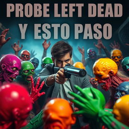 A realistic scene of a person surrounded by colorful zombies, aiming a weapon at them
