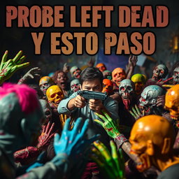 A realistic scene of a person surrounded by colorful zombies, aiming a weapon at them