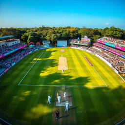 An aerial view of a vibrant cricket ground, featuring a lush green pitch at the center surrounded by a white boundary line