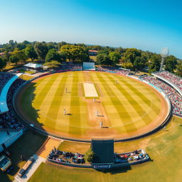 An aerial view of a vibrant cricket ground, featuring a lush green pitch at the center surrounded by a white boundary line