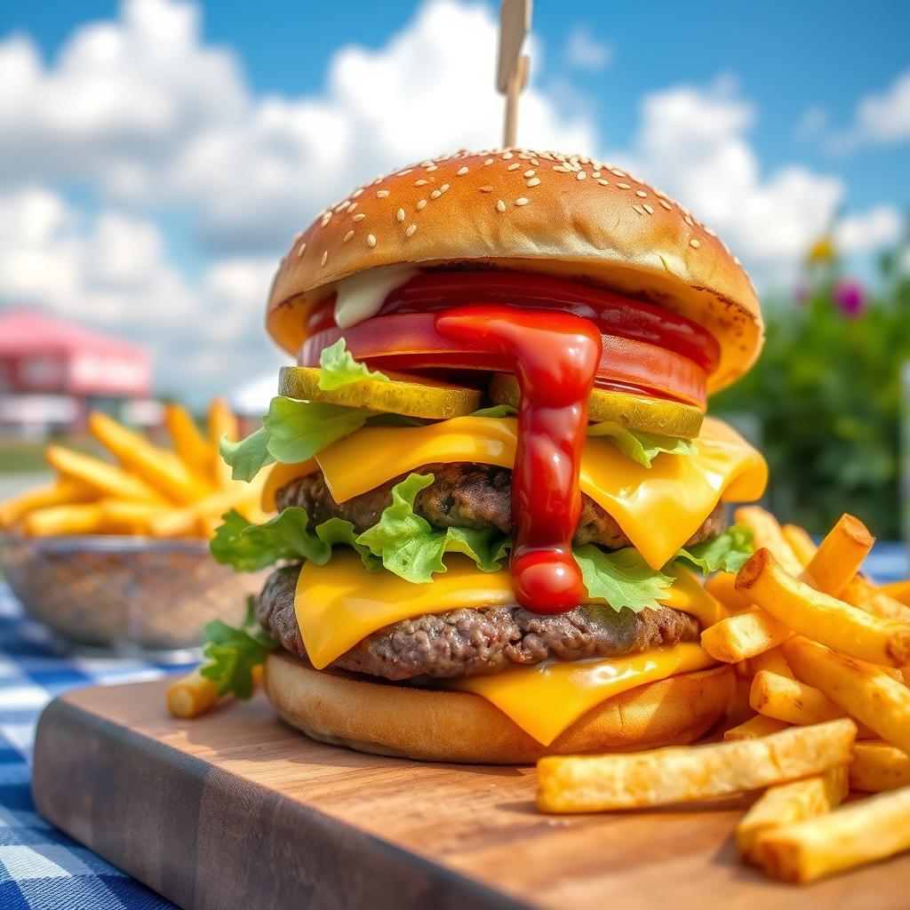 A delicious, mouth-watering hamburger, stacked high with a juicy beef patty, melted cheddar cheese, crispy lettuce, fresh tomato slices, and pickles, all nestled between a soft, toasted sesame seed bun