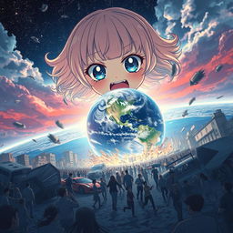 A chaotic and dramatic scene on Earth as terrified people panic and run in all directions, looking helpless