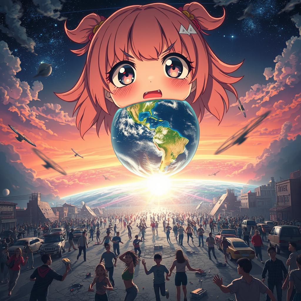 A chaotic and dramatic scene on Earth as terrified people panic and run in all directions, looking helpless