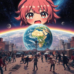 A chaotic and dramatic scene on Earth as terrified people panic and run in all directions, looking helpless