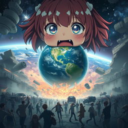 A chaotic and dramatic scene on Earth as terrified people panic and run in all directions, looking helpless