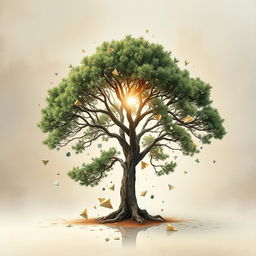 An abstract depiction of an Iranian cypress tree, incorporating elements of fragmentation and brokenness