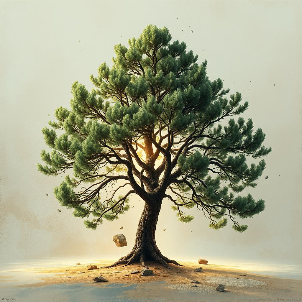 An abstract depiction of an Iranian cypress tree, incorporating elements of fragmentation and brokenness