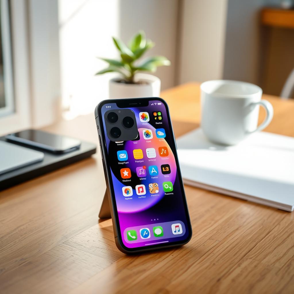 A sleek and modern iPhone 13 Pro in graphite color, positioned elegantly on a wooden table