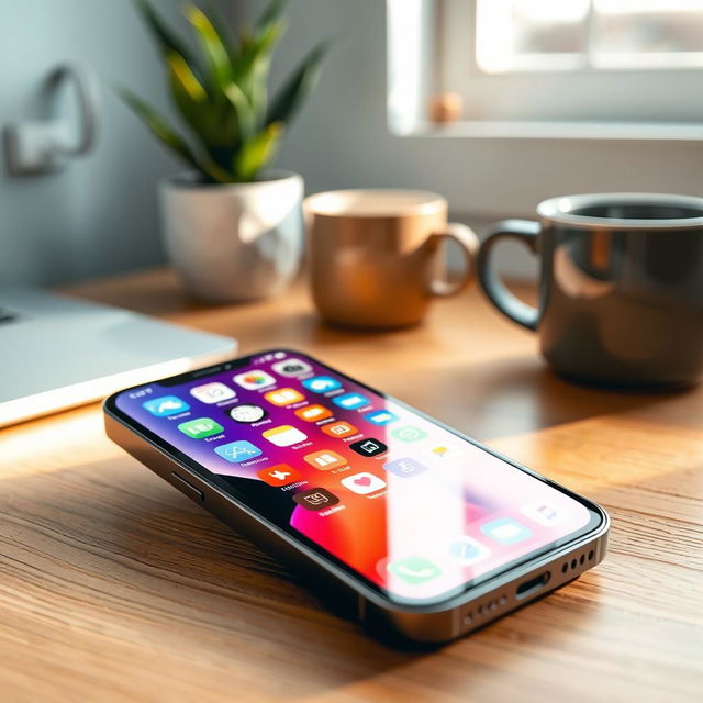 A sleek and modern iPhone 13 Pro in graphite color, positioned elegantly on a wooden table