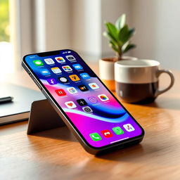 A sleek and modern iPhone 13 Pro in graphite color, positioned elegantly on a wooden table