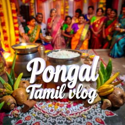 A colorful Pongal festival celebration scene, showcasing the traditions of Tamil Nadu, with a vibrant background of rice being boiled in a traditional pot, decorated with kolam (rice flour designs) on the floor, and people dressed in festive attire happily celebrating