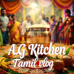 A colorful Pongal festival celebration scene, showcasing the traditions of Tamil Nadu, with a vibrant background of rice being boiled in a traditional pot, decorated with kolam (rice flour designs) on the floor, and people dressed in festive attire happily celebrating