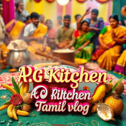 A colorful Pongal festival celebration scene, showcasing the traditions of Tamil Nadu, with a vibrant background of rice being boiled in a traditional pot, decorated with kolam (rice flour designs) on the floor, and people dressed in festive attire happily celebrating