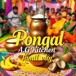A colorful Pongal festival celebration scene, showcasing the traditions of Tamil Nadu, with a vibrant background of rice being boiled in a traditional pot, decorated with kolam (rice flour designs) on the floor, and people dressed in festive attire happily celebrating