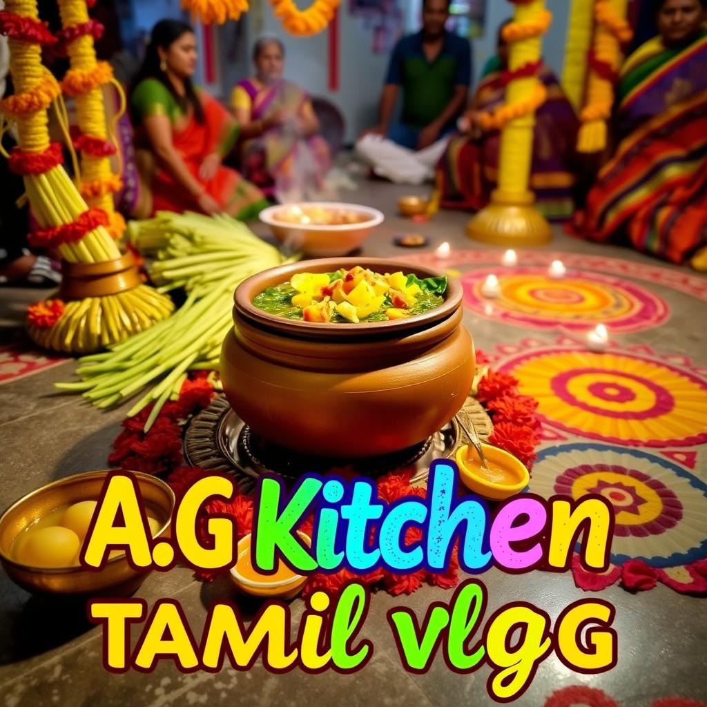 A festive Pongal scene featuring traditional decorations and a beautifully arranged Pongal dish in a clay pot, surrounded by sugarcane, colorful kolam designs on the floor, and people celebrating