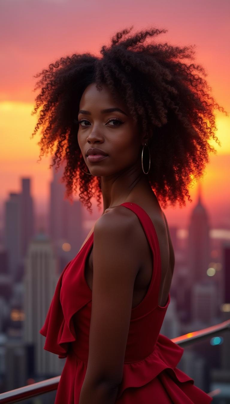 A stunning portrait of an ebony woman standing confidently against a vibrant city skyline during sunset, with her natural curly hair glowing in the golden light