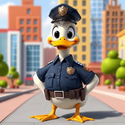 A whimsical cartoon duck dressed as a police officer, wearing a classic police uniform including a dark blue shirt and matching cap, with a shiny badge on its chest and a utility belt equipped with a miniature baton and radio