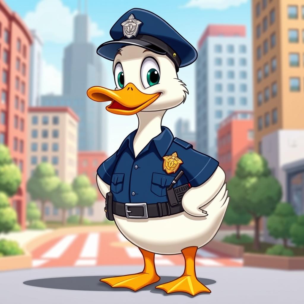 A whimsical cartoon duck dressed as a police officer, wearing a classic police uniform including a dark blue shirt and matching cap, with a shiny badge on its chest and a utility belt equipped with a miniature baton and radio