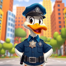 A whimsical cartoon duck dressed as a police officer, wearing a classic police uniform including a dark blue shirt and matching cap, with a shiny badge on its chest and a utility belt equipped with a miniature baton and radio
