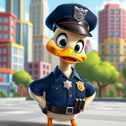 A whimsical cartoon duck dressed as a police officer, wearing a classic police uniform including a dark blue shirt and matching cap, with a shiny badge on its chest and a utility belt equipped with a miniature baton and radio