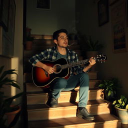 A calm, introspective guitarist sitting on a rustic wooden stair, gently strumming his guitar while exhaling smoke from a cigarette