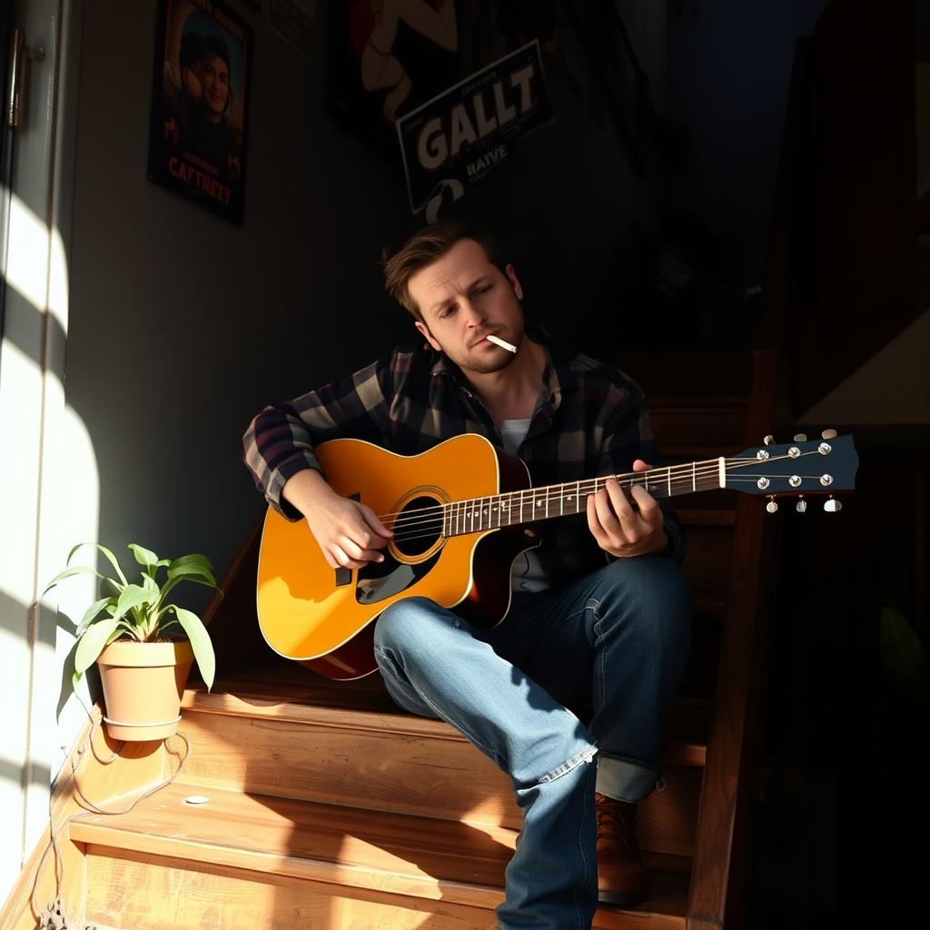 A calm, introspective guitarist sitting on a rustic wooden stair, gently strumming his guitar while exhaling smoke from a cigarette