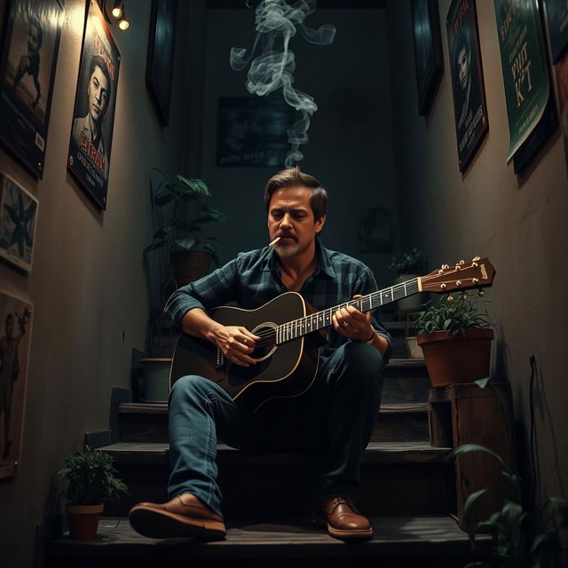 A calm, introspective guitarist sitting on a rustic wooden stair, gently strumming his guitar while exhaling smoke from a cigarette