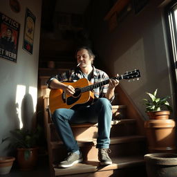 A calm, introspective guitarist sitting on a rustic wooden stair, gently strumming his guitar while exhaling smoke from a cigarette