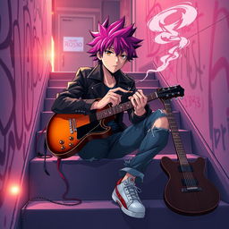 An anime-style illustration of a guitarist sitting casually on a stair, holding and smoking a cigarette