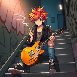 An anime-style illustration of a guitarist sitting casually on a stair, holding and smoking a cigarette