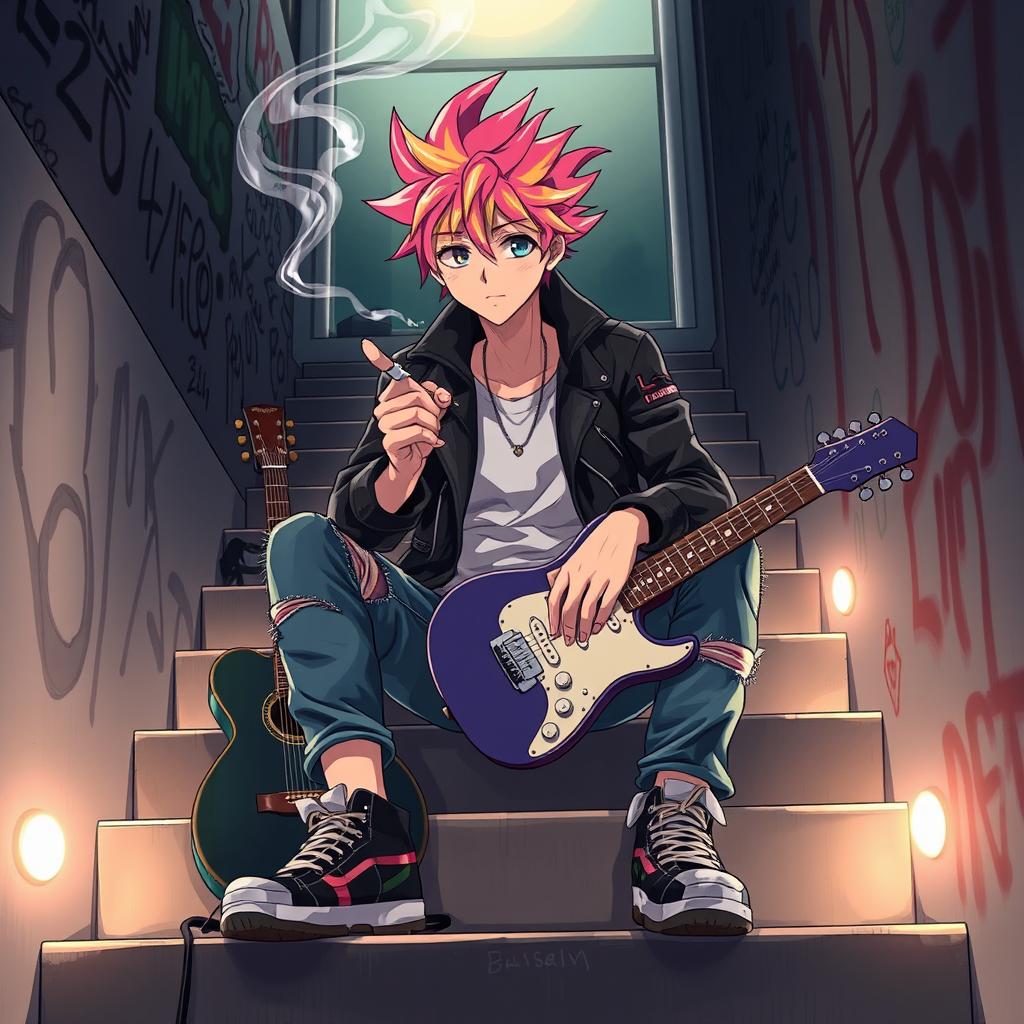An anime-style illustration of a guitarist sitting casually on a stair, holding and smoking a cigarette