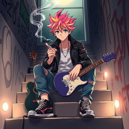 An anime-style illustration of a guitarist sitting casually on a stair, holding and smoking a cigarette