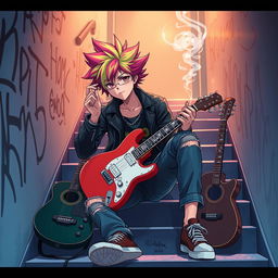 An anime-style illustration of a guitarist sitting casually on a stair, holding and smoking a cigarette