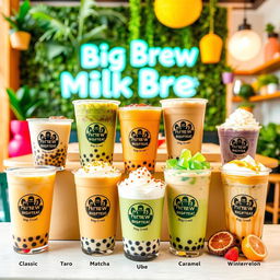 A colorful display of various milk tea flavors available at Big Brew in the Philippines