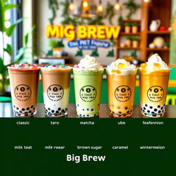 A colorful display of various milk tea flavors available at Big Brew in the Philippines