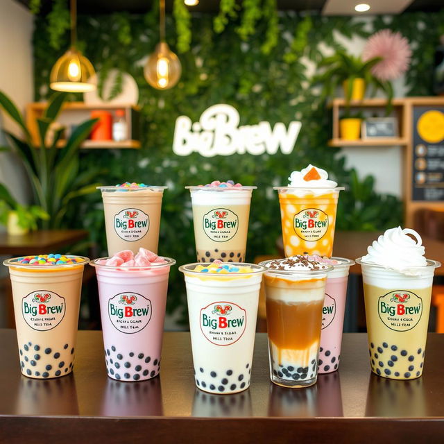 A colorful display of various milk tea flavors available at Big Brew in the Philippines