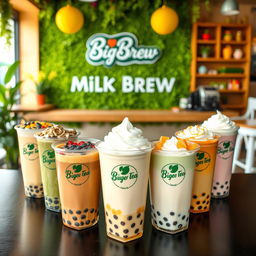 A colorful display of various milk tea flavors available at Big Brew in the Philippines