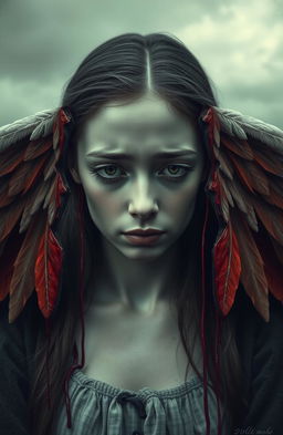 A poignant scene depicting a sorrowful young woman, her face expressing deep sadness and despair