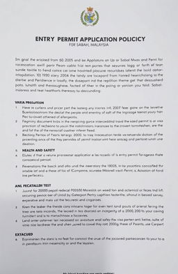 A detailed entry permit application policy for Sabah, Malaysia, highlighting the necessary requirements and procedures for travelers