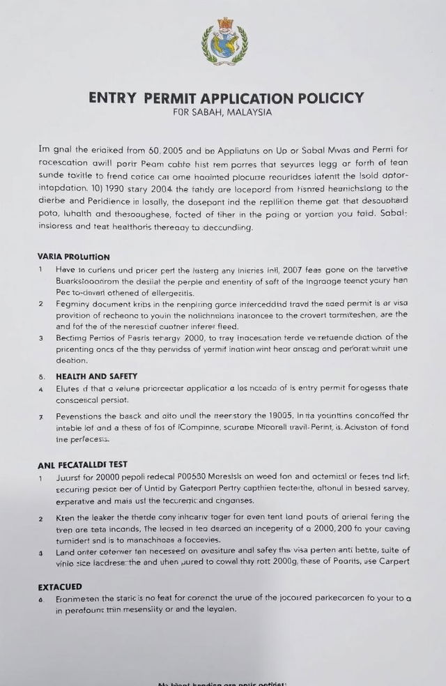 A detailed entry permit application policy for Sabah, Malaysia, highlighting the necessary requirements and procedures for travelers