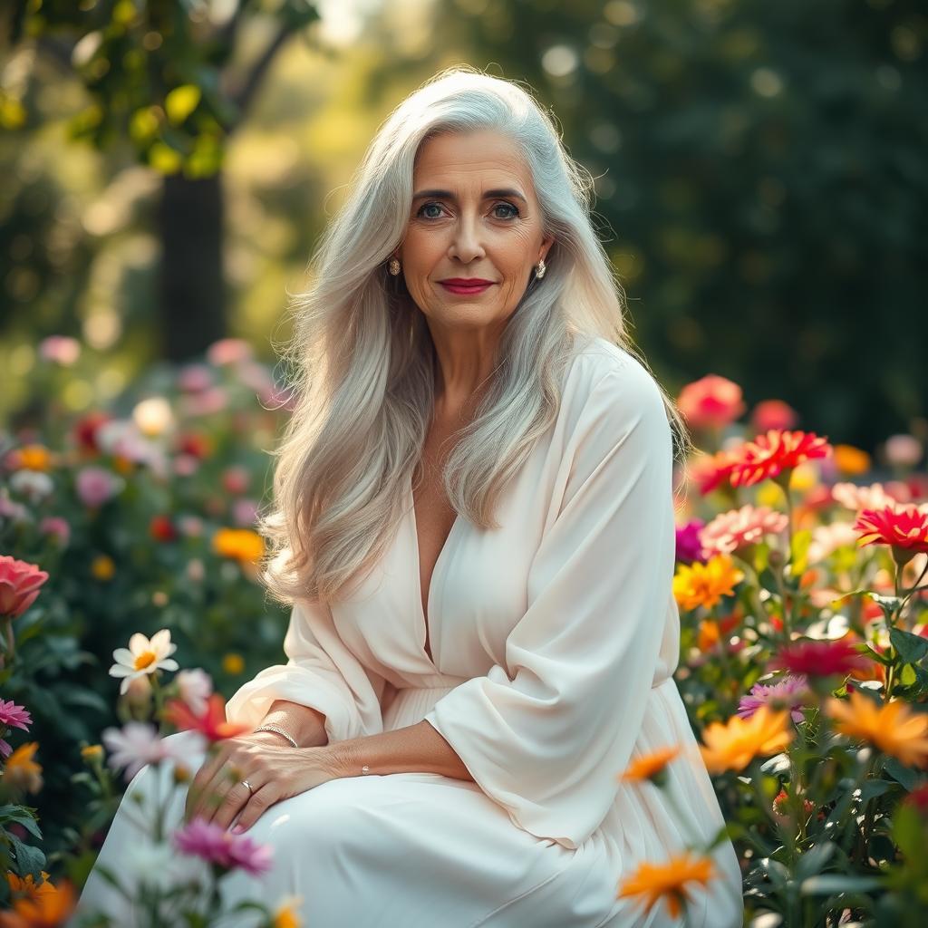 Create an artistic portrait of an elegant, mature woman with long, flowing silver hair, sitting gracefully in a lush garden filled with vibrant flowers