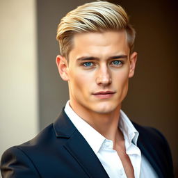 A handsome 21-year-old man with dark blonde hair, clean cut and styled neatly